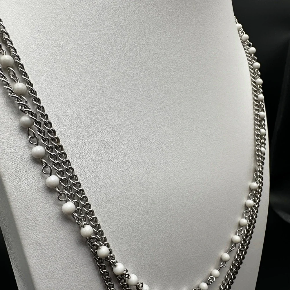 Vintage 90s White Bead Multi Strand Silver Tone Chain Necklace Layered Jewelry